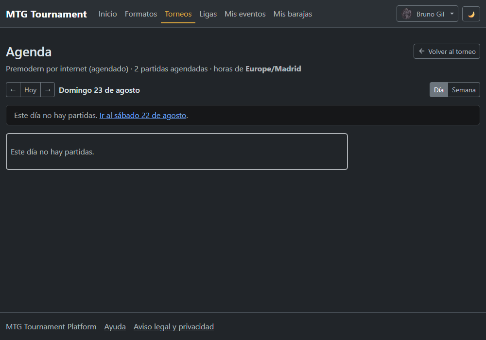 La agenda de un torneo: las partidas agrupadas por día, cada una con su hora, su
                      ronda, su número de mesa y los dos jugadores.