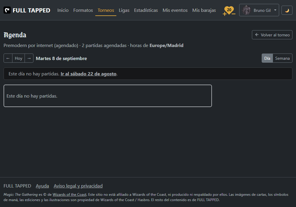 La agenda de un torneo: las partidas agrupadas por día, cada una con su hora, su
                      ronda, su número de mesa y los dos jugadores.