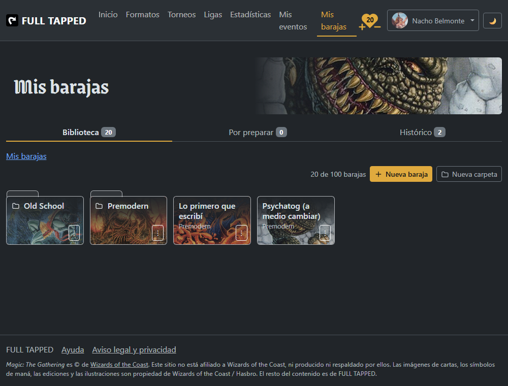 La biblioteca de barajas: las carpetas primero y las barajas después, cada una en una
                      ficha con la ilustración de su carta de portada, su nombre y su formato.