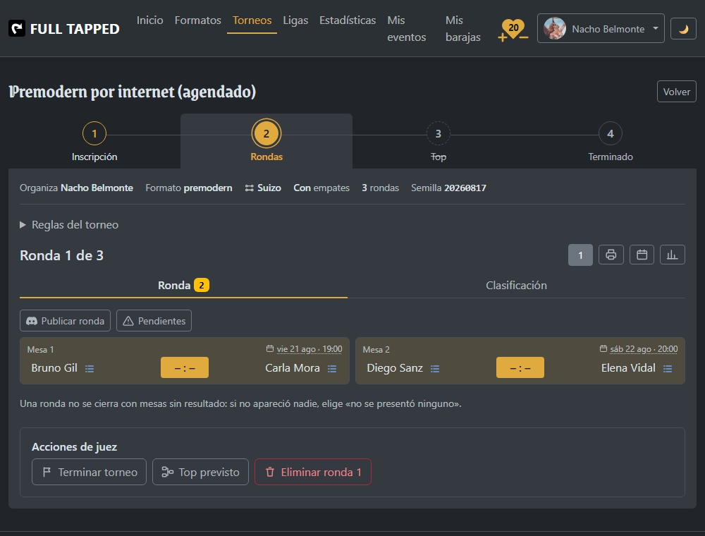 La ronda de un torneo integrado en la web: encima de las mesas, el botón «Publicar
                      ronda» con el icono de Discord, y cada mesa con su hora acordada y su marcador por
                      rellenar.