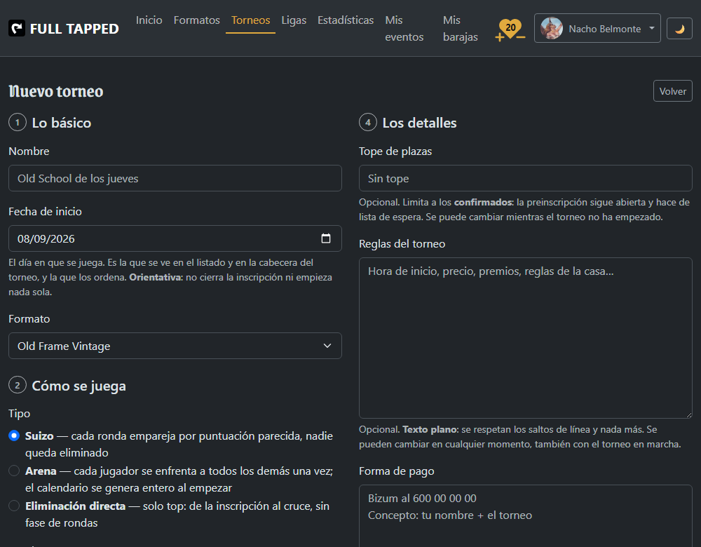 El paso «Cómo se juega» del formulario de nuevo torneo, con los tres tipos a
                      elegir —Suizo, Arena y eliminación directa—, cada uno con su descripción de una
                      línea.